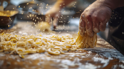 A detailed close-up captures the hands of a chef dusted with flour as they skillfully shape fresh, golden pasta dough into thick noodles. - obrazy, fototapety, plakaty
