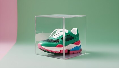 Clear plastic cube full of colorful recognizable found objects such as Balenciaga sneakers, makeup. Studio photography, e-comm, some green accent color, 4k, solid color background! table top photograp