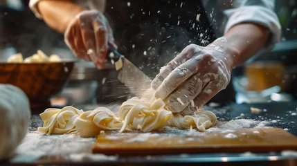 Fotobehang A detailed close-up captures the hands of a chef dusted with flour as they skillfully shape fresh, golden pasta dough into thick noodles. © Peeradontax