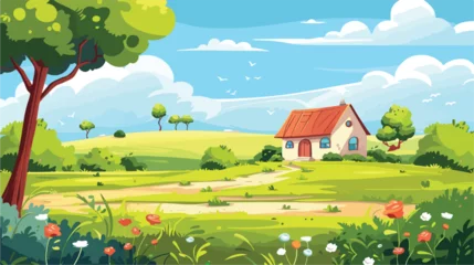 Fototapeten Background scene with housese in the field illustra © visual
