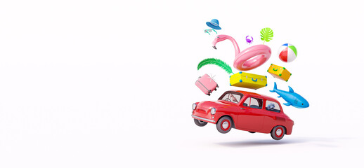 Car jump with luggage and beach accessories ready for summer travel. Creative vacation concept isolated on white background 3D Render 3D illustration