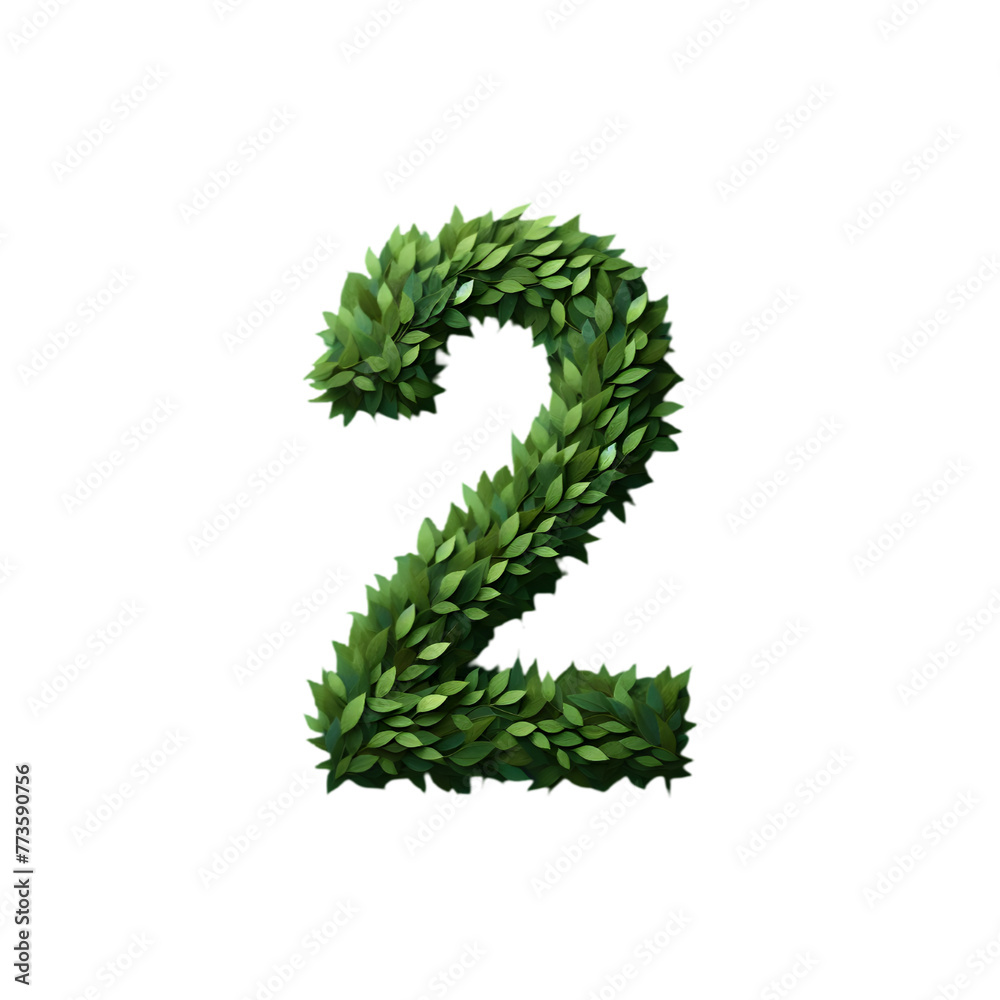 Fototapete 3d green leaf letter of number 2 with clipping path transparent background, two art font