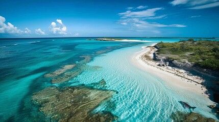 Overlooking Munjack Cay in Abaco, Bahamas, an aerial shot captures its bay and beach, a habitat for green turtles and stingrays - obrazy, fototapety, plakaty