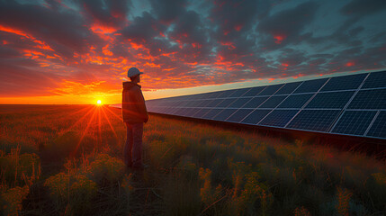 Solar panel farm - efficient energy - power supply - climate change - solar energy - sun - obrazy, fototapety, plakaty