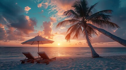 The scene of a tropical sunset includes two sunbeds and an umbrella under a palm tree, conjuring an image of serenity and relaxation at a beach resort - obrazy, fototapety, plakaty