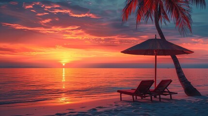 The scene of a tropical sunset includes two sunbeds and an umbrella under a palm tree, conjuring an image of serenity and relaxation at a beach resort