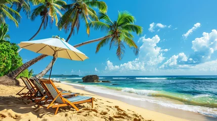 Poster Tropical vacation settings are epitomized by beach chairs, an umbrella, and palm trees lining the shore © Orxan