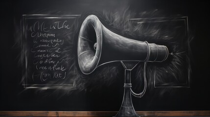 Chalk drawing of a loudspeaker and handwritten wise quotation on black chalkboard - obrazy, fototapety, plakaty