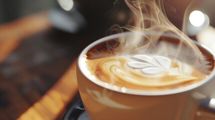A detailed close-up of a steaming cup of macchiato coffee, super realistic