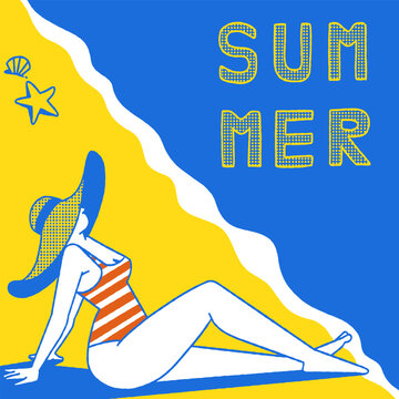 Vector illustration of woman sunbathing and relaxing on the beach, summer vibes concept. Outline, hand drawn sketch.  