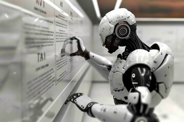 A robot from the future analyzes the text on the blackboard