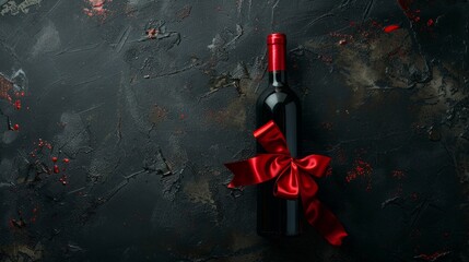 A bottle of red wine tightly tied with a vibrant red ribbon