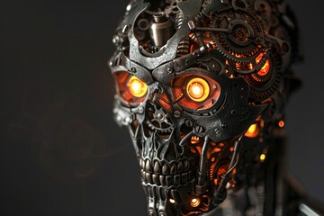 An intricate mechanical head made of gears and pistons with glowing eyes super realistic
