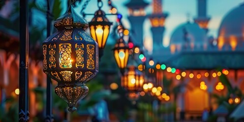 Colorful Islamic lamps hanging in the streets for Ramadan Kareem fasting month. Colorful Eid...