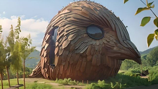 Artistic Wooden Eagle Head Building in Green Landscape with Ai generated.
