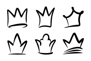 Doodle set crown line art, vector illustration.