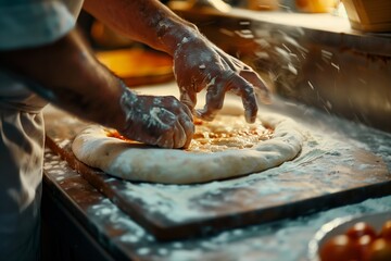 The hands of a skilled chef as they expertly prepare a fresh pizza dough. Flour dusts the surface and the chef’s arms, conveying the authenticity of the traditional pizza-making process. - obrazy, fototapety, plakaty