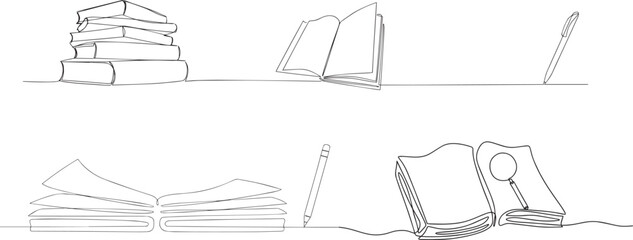 One continuous line drawing of stack books and opened notebook with pages. Education in school and library studying in simple linear style. Editable stroke. Doodle vector illustration
