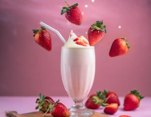 Splashing strawberry yogurt with fresh fruit.