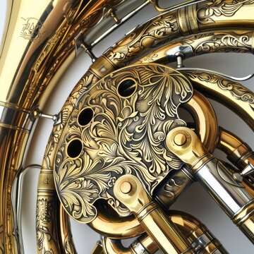 Highlighting the intricate engravings on a marching band French horn