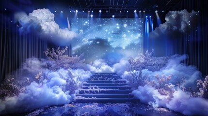 As if emerging from a dream the ethereal dreamscape podium features a backdrop of wispy clouds and floating stars. The stage itself . .