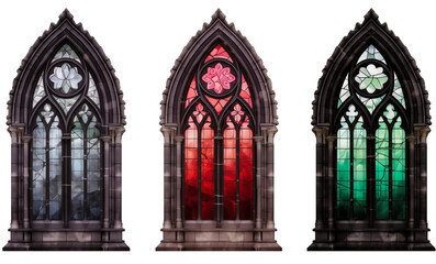 Set of Gothic stained glass window PNG isolated on a white and transparent background - Resurrecting the Gothic Grandeur Medieval Cathedral Arches Architecture advertising concept