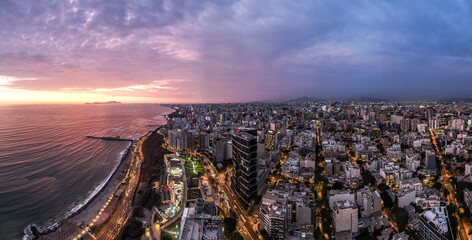 Lima panorama at sunset over the pacific