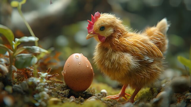 Newborn Chick Standing Next to an Egg in Nature
