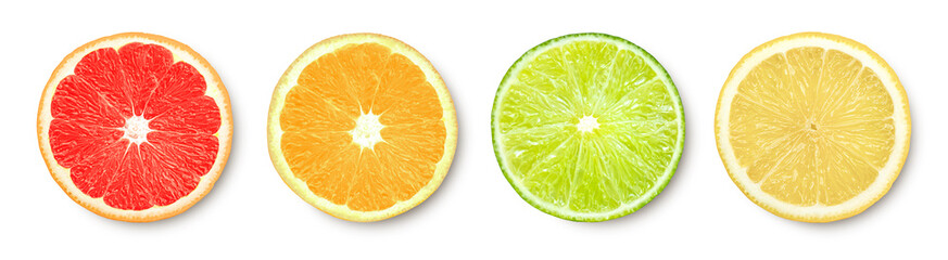 Citrus fruits half sliced (lemon, lime, orange fruit, grapefruit) isolated on white background. Top...