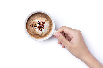 Hand hold cup of hot chocolate drink with cocoa powder isolated on white background. Top view. Flat...