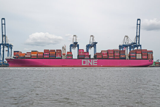 The Ocean Network Express container ship Minato moored at Wando Welch Terminal in Charleston Harbor, SC USA on April 1, 2024.