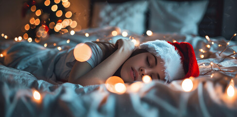 A woman wearing a Santa hat is peacefully sleeping on a bed