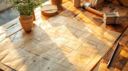 Fototapeta na wymiar Houseplan Drawing in The Table