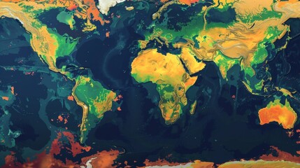 A detailed map of the world displayed in shades of green and yellow, showcasing continents, countries, and oceans.