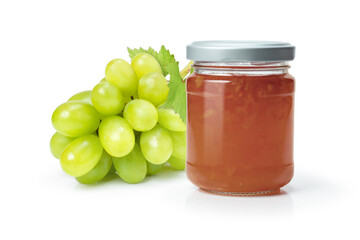 Green grape jam with fresh grapes isolated on white background.