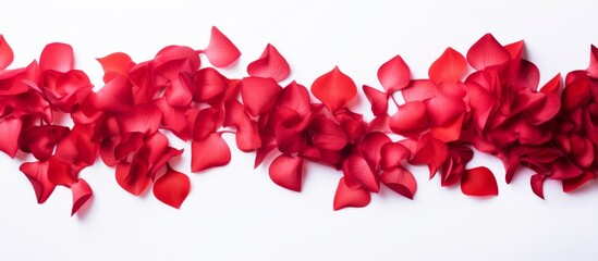 Close-up view of vibrant red rose petals scattered on a clean white surface