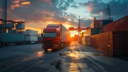 Majestic Sunrise at Industrial Port with Freight Truck Delivering Cargo Containers