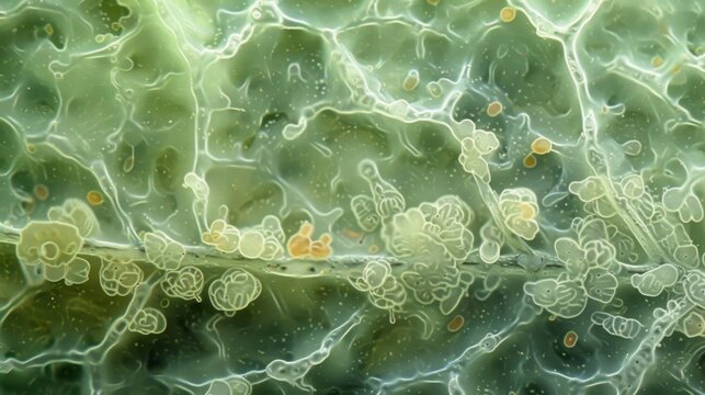 A microscopic view of the landscape of a leaf covered in a thin layer of conidiums. The spores are tered everywhere clinging onto