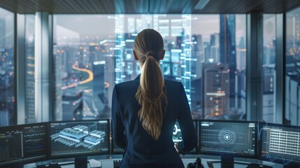 Female engineer in high-tech monitoring room overlooking city skyline at dusk