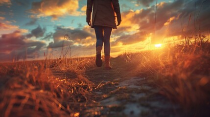 Serene Sunset Walk - Person Walking on Path Through Meadow