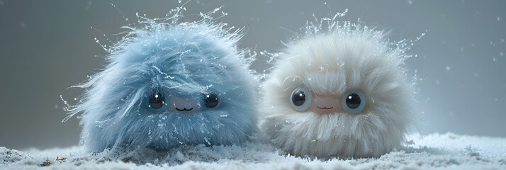 snow covered cat,
Adorable Furry Hair Abominable Snowball Monsters - obrazy, fototapety, plakaty