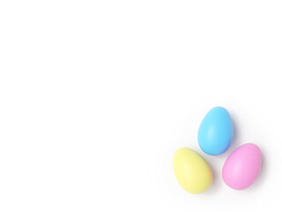 Fototapeta na wymiar 3 Easter Eggs Dyed Isolated on White Background Primary Colors Pastel Realistic Texture with Shadow Backdrop Landscape
