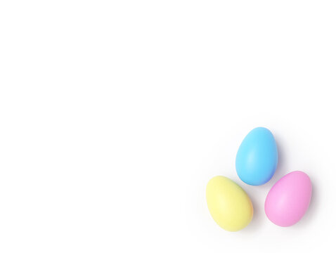 3 Easter Eggs Dyed Isolated on White Background Primary Colors Pastel Realistic Texture with Shadow Backdrop Landscape