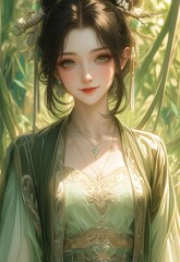 Graceful Chinese Lady in Traditional Green-and-White Hanfu, Elegantly Gazing, amidst Garden Splendor