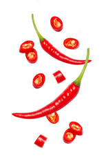 Chili pepper sliced flying in the air isolated on white background.