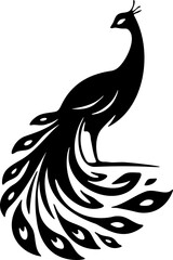 Obraz premium Paon en silhouette avec grand plumage, flat design, isolé en noir sur fond transparent