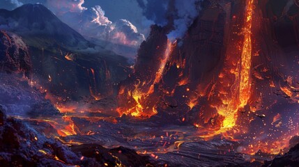 The hot vibrant lava streaming down the sides of the volcano creates a breathtaking explosion of color and chaos. - obrazy, fototapety, plakaty