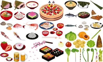 春の味覚・料理のアイコン①（雛ちらし、花見弁当、お食い初め、桜餅、柏餅）