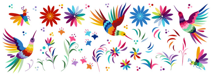 Fototapeta premium Big collection of traditional elements of Mexican pattern Otomi, flowers, leaves, birds
