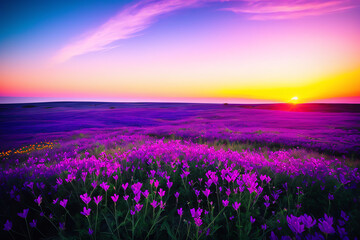 Fototapeta premium A field of unknown unearthly flowers at sunset. Purple, blue tones Landscape renderings